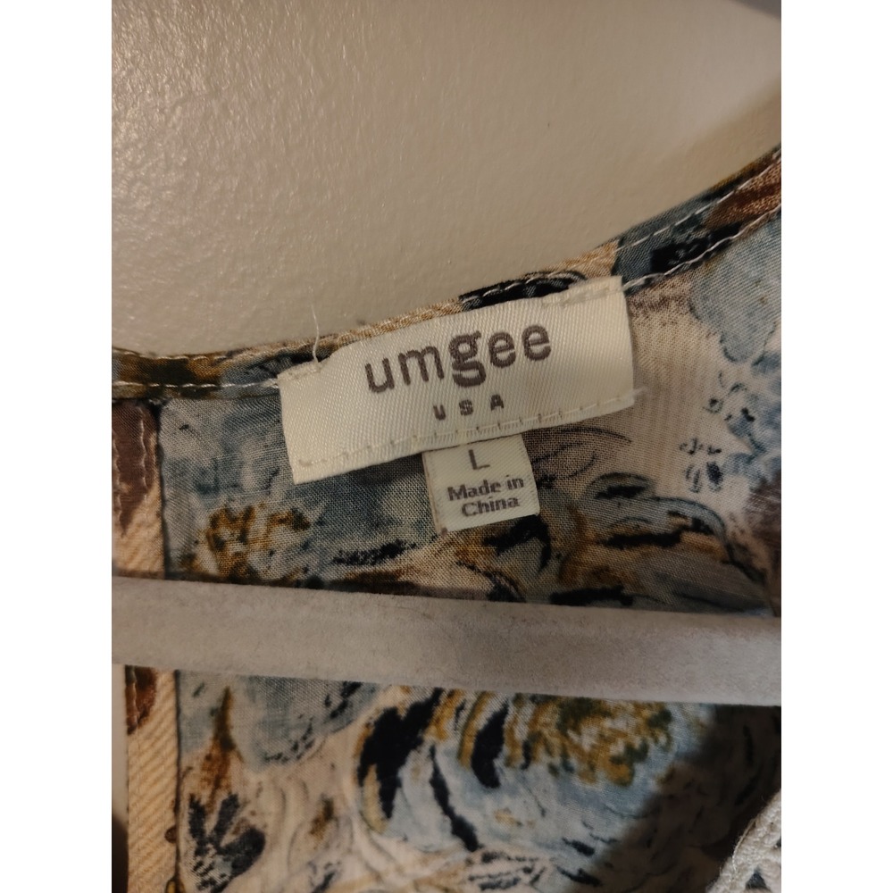 Umgee USA Floral Boho Mini Dress Long Bell Sleeve Crochet Lace Beige Blue Large - Picture 9 of 12